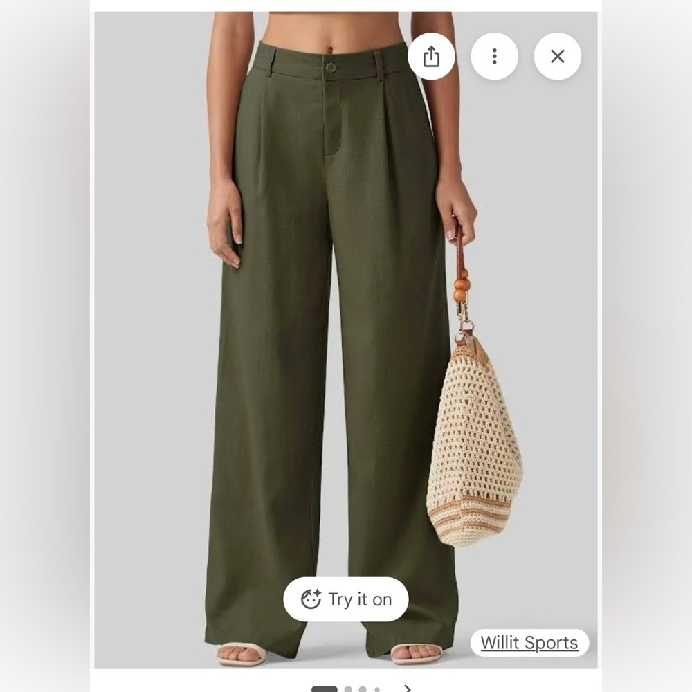 Willit Olive Linen Blend Wide Leg Trousers XL Elastic Waist Pockets